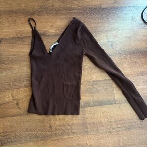 Brown Ribbed V-Neck Long Sleeve Top Zara M